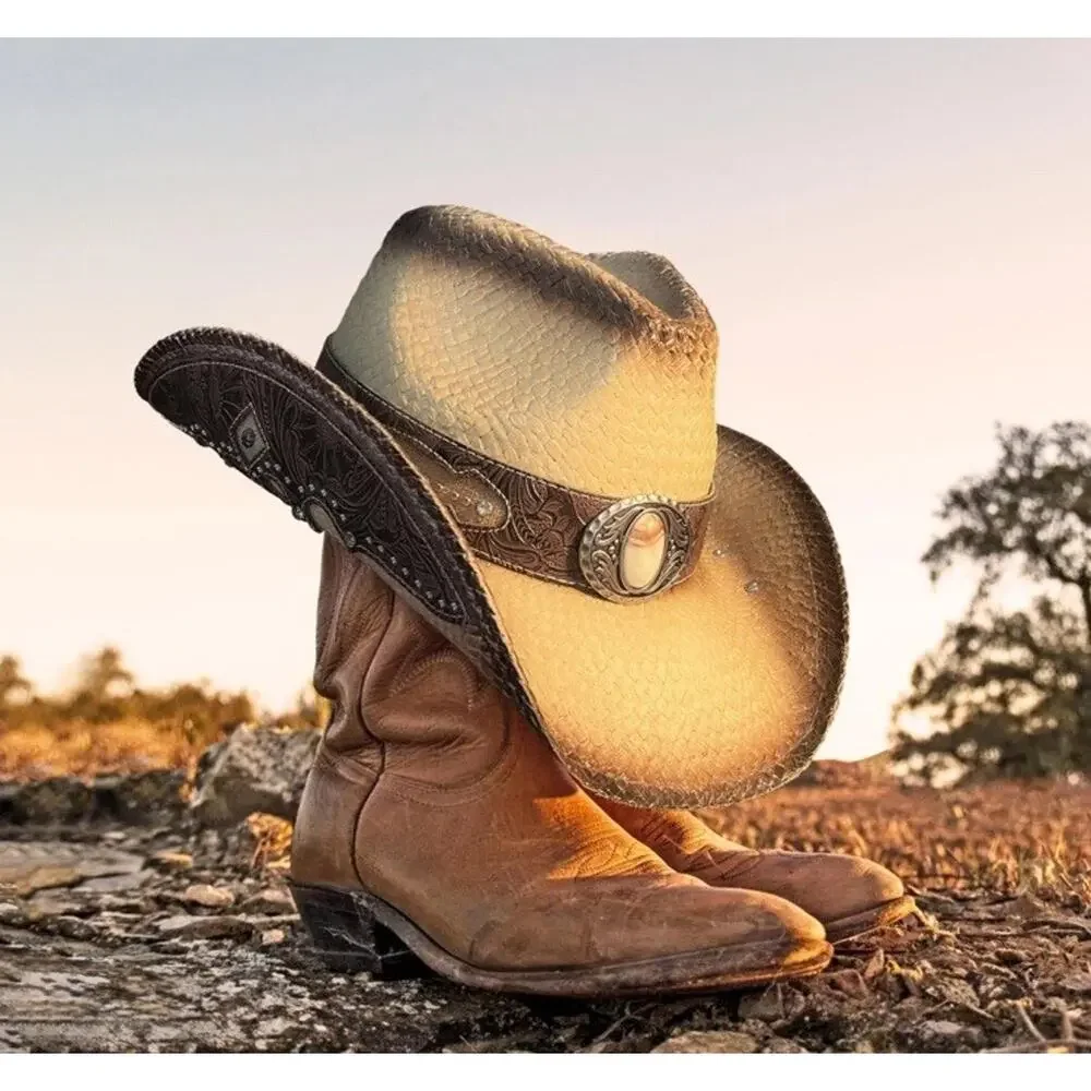 Cowboy Hats for Women and Men Straw Western Hat Embroidered Medium-Large Tan